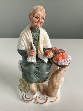 Vintage Mid-Century Hand-Painted Porcelain Figurine - Old Woman Peeling Apples